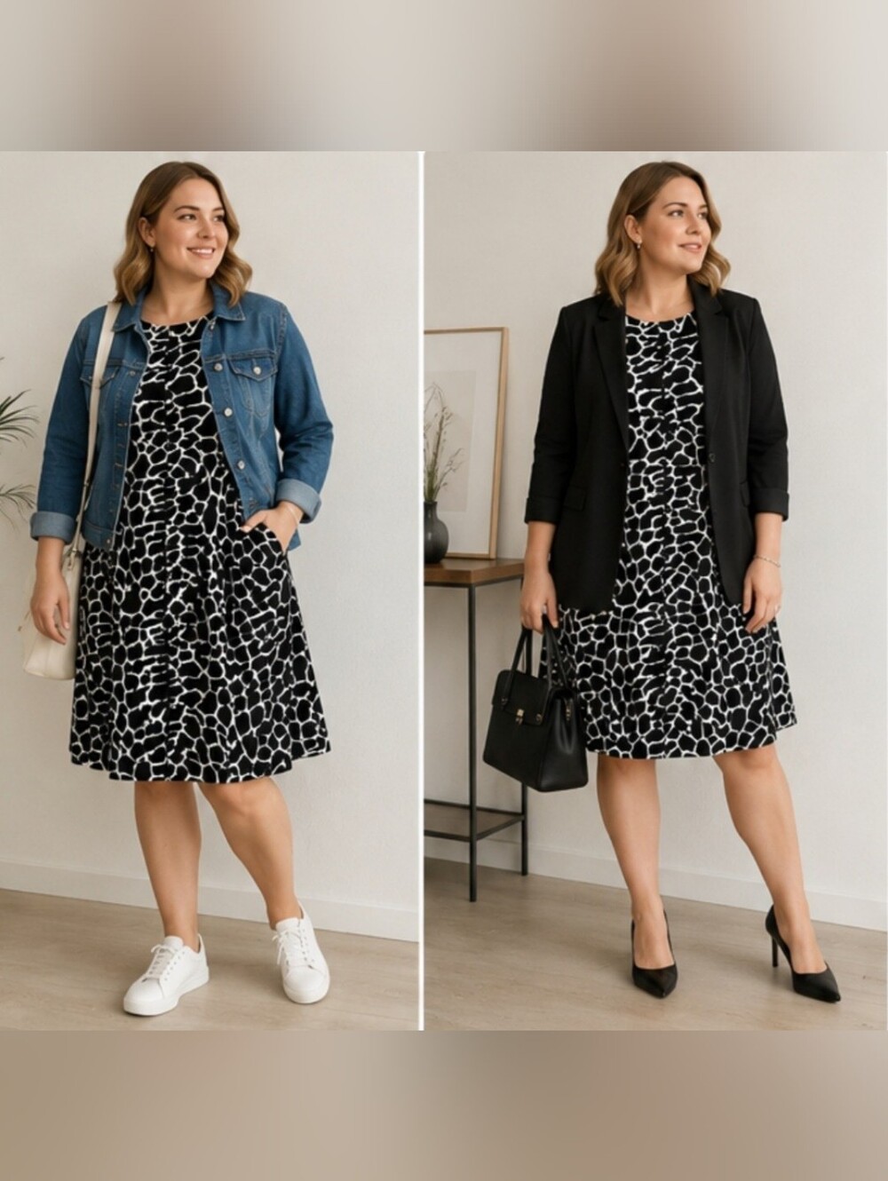 Suzie & LuLu Black & White Animal Print  Cotton Sleeveless Shift Dress  L